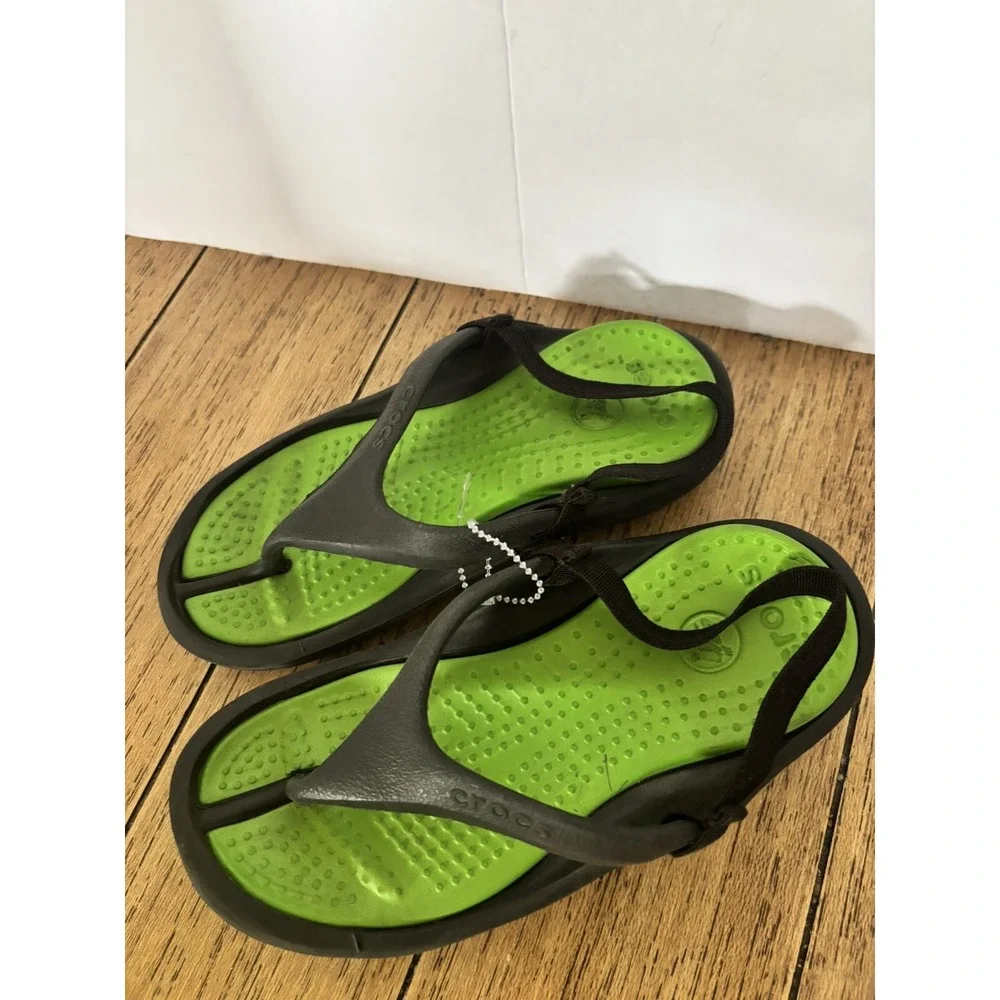 CROCS Toddler Kids ATHENS Flip Flop Thong Sandals Black/ Green Strap C‎ 10 11